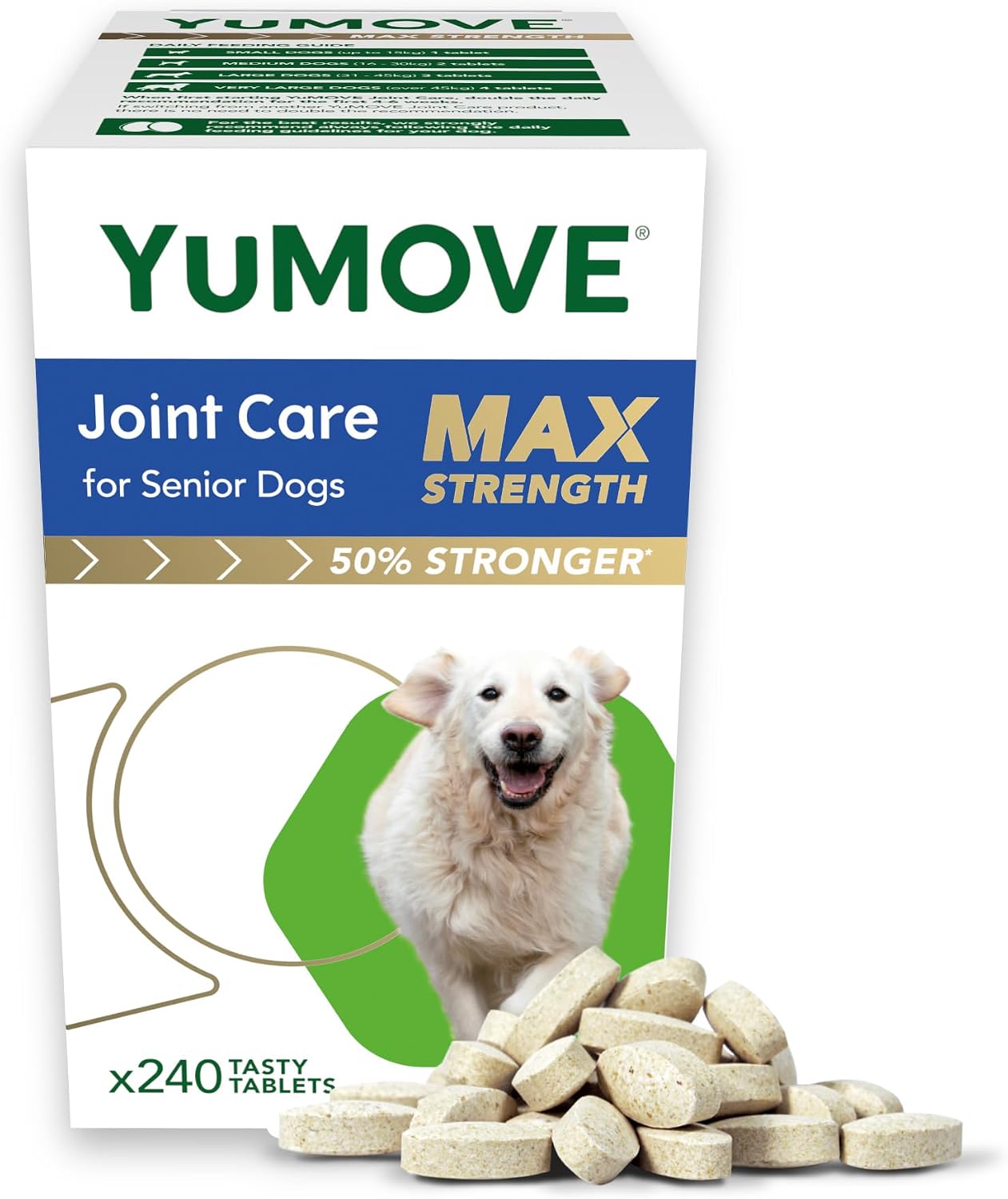 YuMOVE Max Strength Joint Supplement for Senior Dogs, Hip & Joint care with Glucosamine, Chondroitin & Green Lipped Mussel, Aged 8+, 240 Tablets